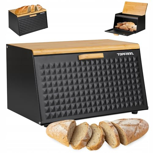 Topfann Grande Boîte à Pain Noir en Acier avec couvercle en bambou pour Stockage à Pain