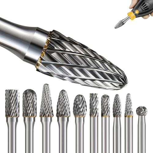 Topsky 6mm Hartmetall Frässtifte Set, 10 Stück Doppelschnitt mit 6mm Schaft Rotationsfräser Bits Raspel Set für Holz, Schnitzen, Gravieren, Bohren, Metallbearbeitung