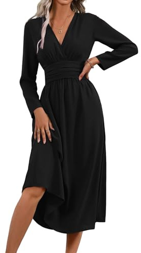 LIAMERHE Robe Hiver/Été Femme Élégante Col en V Manches Longues/Courtes Robes Casual Solide Taille Haute Ligne A Robe Longue Robe de Mariage Décontractée