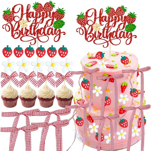 Gyufise Juego de 81 decoraciones para tartas de fresa, decoración de pastel de feliz cumpleaños, decoración de cupcakes de fresa, decoración de lazo para baby shower, boda, despedida de soltera