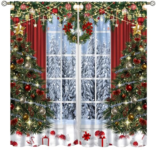 DKMQQUL Christmas Curtains, Winter Xmas Tree White Window Snow Scene Happy New Year Christmas Theme Window Treatment for Living Room Bedroom Kitchen Drapes, 42x45 Inch
