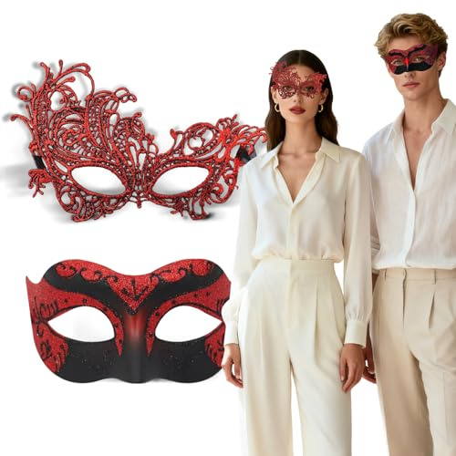 Randomgo 2 Stück Karneval Venezianische Maske Paare, Maskenball Maske Herren Damen, Masquerade Masken Sexy für Karneval Halloween Cosplay und Maskeradepartys Kostüm Zubehör (Gold/Black/Red)