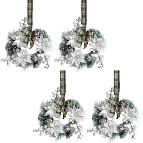 vivimemo 4 PCS White Mini Wreath 9-inch White Flower Ball Green Pine Needle Ribbon Bow Wreath Window Cabinet Fireplace Table Candle Decoration Winter Party Wedding Home Decoration