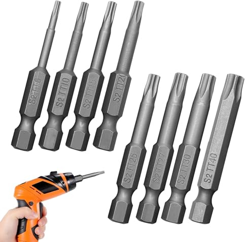 8 piezas de juego de brocas de destornillador Torx de 5 puntas de 1/4 de pulgada de alta dureza con orificio, T8 T10 T15 T20 T25 T27 T30 T40, fuerte magnetismo