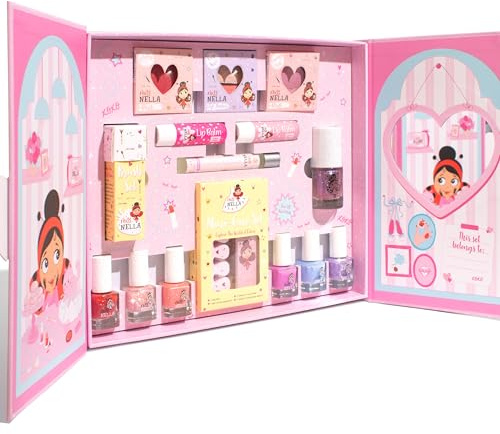 Miss Nella Sparkle & Glow Studio - Juego de cosméticos para niños con esmalte de uñas, bálsamo labial con purpurina, 29 x 25 x 4 cm