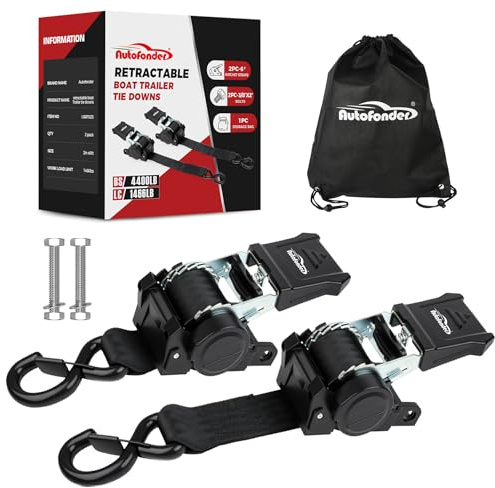 Autofonder Retractable Boat Tie Down Straps-2 x 6ft Heavy Duty Transom Strap,Trailer Bolt-On Mount Ratchet Straps for Boat,Jet Ski-4,400lbs Break Strength - Includes 3/8” bolts & Storage Bag (2-Pack)