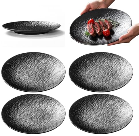 Bqkroa 4 platos llanos negros: 20,2 cm, reutilizables, platos de melamina de gres, platos redondos para cocina, desayuno, cena, ensalada, platos de postre, platos de ensalada para barbacoa
