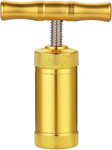 T Shape Spice Press Tool, Aluminium Alloy, Pollen Press，Gold | Gold aluminium alloy T-handle press with 26 mm chamber for dry herbs and spices; manual screw design, compact and portable.