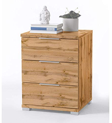 Stella Trading Table De Chevet Universelle, Aspect Chêne Sauvage, Table De Nuit Moderne Avec 3 Tiroirs Pour Votre Lit À Sommier Tapissier, 46 x 61 x 42 cm (L/H/P)