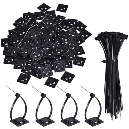Hicarer 200 Stück schwarze Kabelbinder-Kleberhalterungen, 100 selbstklebende Kabelbinder und 100 Kabelbasishalter, Wraps Drahthalter-Set für Zuhause, Büro, Garage und Werkstatt