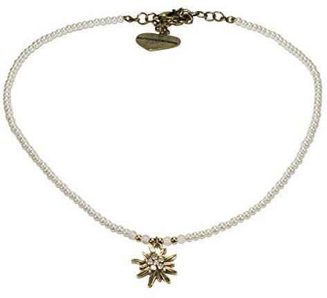 Alpenflüstern Filigran Perlen-Trachtenkette Strass-Edelweiß - Damen-Trachtenschmuck mit antik-Gold-farbenem Edelweiss, Dirndlkette in traditionellen Farben DHK181