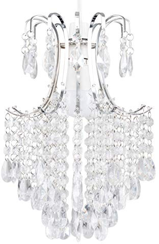 MiniSun | Modern Silver Chrome Ceiling Pendant Light Shade with Clear Acrylic Droplets Complete with a 10w LED GLS Bulb [6500K Cool White] | Shades & Home Improvements Essential | 32cm Shade Width