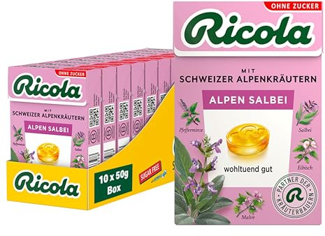 Ricola Alpen Salbei, 10 Böxli Original Schweizer Kräuter-Bonbons mit 13 Schweizer Alpenkräutern & würzigem Salbei, zuckerfrei, 10 x 50g, vegan