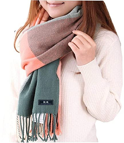 ECOMBOS Damen Schal Winter - Kariert Quadratisch Deckenschal Herbstschal Winterschal Karo Tartan Streifen Plaid Muster XXL Schal Oversized Fransen Poncho