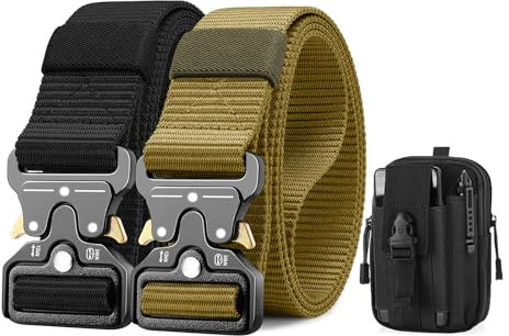 BESTKEE 2er Herren Taktischer Gürtel, 3.8cm Gürtel Herren, Militär Wandern Arbeitgürtel, Geschenk mit taktischem Molle-Beutel