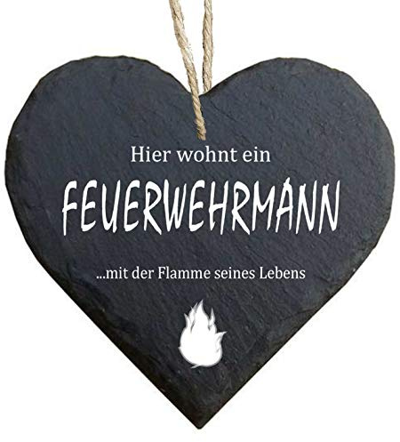 Herz Schieferherz Schiefer Schieferschild 10 x 10 cm Hier wohnt EIN Feuerwehrmann mit der Flamme seines Lebens schwarz Dekoschild Wandschild Schild Stein Geschenk