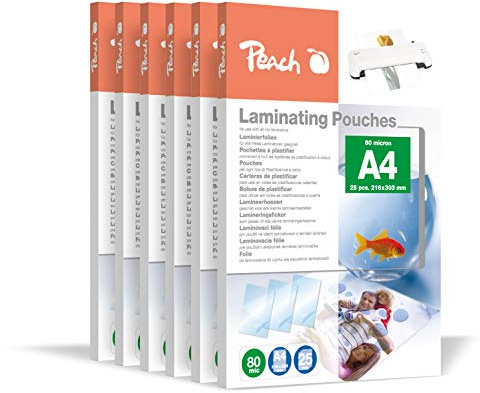 Peach Pellicole di laminazione A4 – 80 mic – 600 pouches – Qualità premium per i migliori risultati di laminazione – Compatibile con dispositivi di tutte le marche – Lucido – PP580-60A