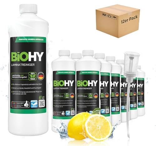 BiOHY Nettoyant pour stratifiés (12 x 1l Bouteille) + Distributeur | Soin du bois précieux grâce à une combinaison de tensioactifs spécialement adaptée | réduit le resalissement (Laminatreiniger)