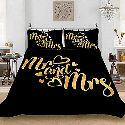 Michorinee Partner Bettwäsche Set 200x220 3 Teilig Mr und Mrs Schwarz Gold Love Herzen Ornamente Paare Bettbezug Wendemotiv Microfaser Partnerbettwäsche Set - 200 x 220 + 2 x 80 x 80 cm