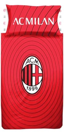A.C. Milan, Lenzuola Letto Singolo, Completo Lenzuolo 1 Piazza, Rosso Nero, Lenzuolo Sopra, Lenzuolo Con Angoli, Federa, 100% Puro Cotone, Prodotto Ufficiale