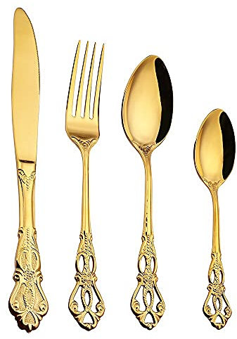 24 Pièces Cour Impériale Couteau Fourchette Et Cuillère Creux D'or Relief Rétro Acier Inoxydable Couteau À Steak Et Vaisselle Fourchette Cuillère À Café Ensembles Pas Cher Flatware