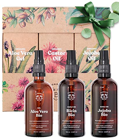 Bionoble Skincare Kit 3x100ml - Gel Aloe Vera Puro, Olio di Ricino & Olio di Jojoba Bio - Cura del Viso, del Corpo e dei Capelli - Regalo Donna Compleanno
