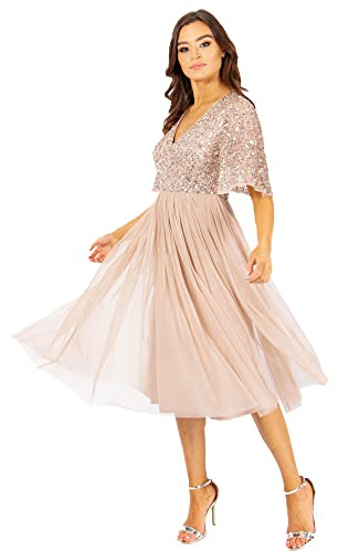 Maya Deluxe Damen Midi Abendkleid Cocktailkleid Abschlussball V-Ausschnitt Kurze Ärmel Tüllkleid Elegant für Hochzeit