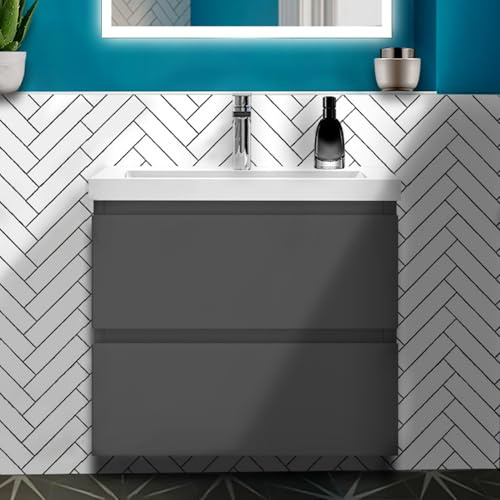 HAPAOSO Waschbecken mit Unterschrank Badezimmer 60 cm Breit Badmöbel Set mit Waschbecken und 2 Soft-Close Schubladen Waschtisch Unterschrank Grau für Badezimmer Hängend