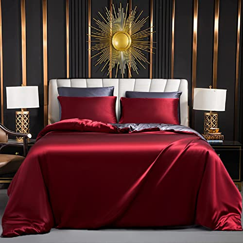 Luofanfei Satin Bettwäsche 135x200 cm 4teilig Weinrot Grau Glänzend Glanzsatin Bettwäsche Set Seide Rot Uni Einfarbig Glatt Luxus Bettbezüge Einzelbett mit Reissverschluss und Kissenbezüge 80x80 cm