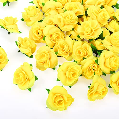 Kesote Kunstblumen 50x Künstliche Blumen 4cm Blumenköpfe Gelb | Kunst Blütenköpfe zum Basteln, Klein Rosen Köpfe Deko für Hochzeit Party Handwerk Geburtstag Scrapbooking DIY Flowers
