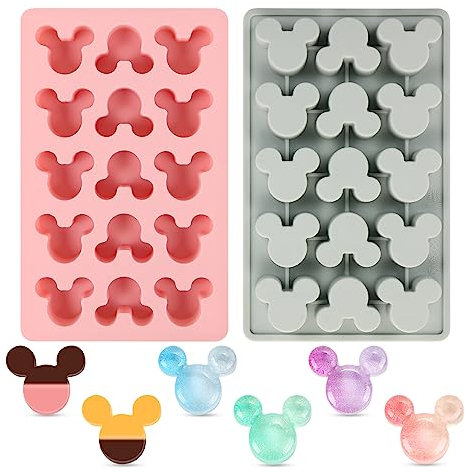 CCOZN 2 Pack Gummy Mouse Molds Silicone, 15 Cavity Non-Stick Mouse Head Silicone Molds for Ice Cube DIY Gummies Chocolate Candy (GreyPink)