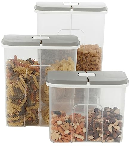 Frischhaltedosen, transparent, Kunststoff, robust, langlebig, luftdicht, Lebensmittelaufbewahrung für Nudeln, Müsli, Zucker, Reis, Spaghetti mit zwei grauen Deckeln für Küche, Speisekammer, Schrank (1