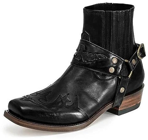 Västerländska ankelstövlar med spänne och rem för män retro läder fyrkantig tå cowboy korta stövlar cowboy motorcykelstövlar