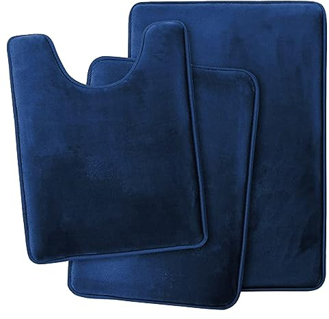 Lifup Badematte 3er Set, Weiche rutschfeste Mikrofaser Wasserabsorbierend Badezimmermatte Duschvorleger, 2 Badezimmer Teppiche, 1 Toilettenmatte Navy Blau