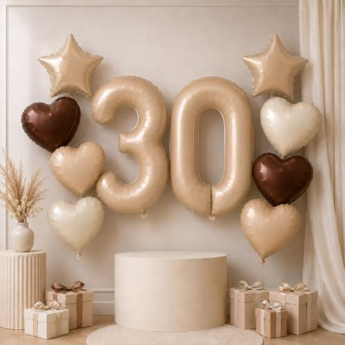 30 Luftballon Zahl Beige Set, Aprikose 30. Geburtstag Ballons Deko für Frau, Neutraler Creme Kaffee Nude Herzballons Helium Braun Stern Folienballon für 30 Geburtstagsdeko Jubiläum Party Dekoration