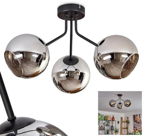 Deckenleuchte Koyoto, Deckenlampe aus Metall/Glas in Schwarz/Chrom/Rauch, moderne Leuchte im Retro/Vintage-Design mit Schirmen aus Glas, Ø 15 cm, 3 x E14, Schlafzimmer, Wohnzimmer, Küche, Esszimmer