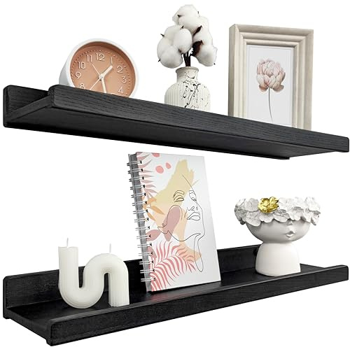 Handgjord vägghylla svart 60 cm, hylla vägg trä set om 2, hängande hylla, väggfäste, hyllbräda, modern svävande hylla, smal bildlist för badrum, vardagsrum, kök, sovrum