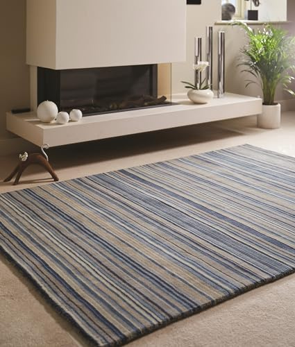 Lord of Rugs Striped Wool Area Rug Hand Tufted Ombre Textured Rug, Soft Carpet for Living Room, Bedroom & Dining Room Blue Beige, 80 x 150 cm (2'6x5')