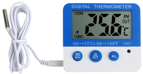 Digital Freezer/Fridge Thermometer with Magnet and Stander, Mini Refrigerator Thermometer with LED Alarm Indicator Measurement of Temperature and Humidity Meter High and Low Temperature Alarm