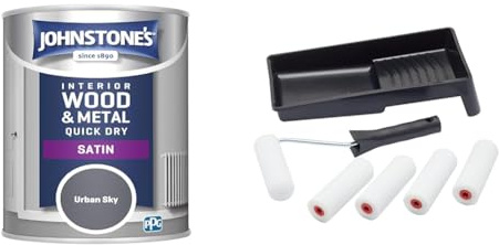 Johnstone's 307076 One Coat Satin Urban Sky, 750 ml & Fit For The Job 7 pc Foam Mini Paint Roller Set for Painting with Gloss & Satin, Small Roller and Tray