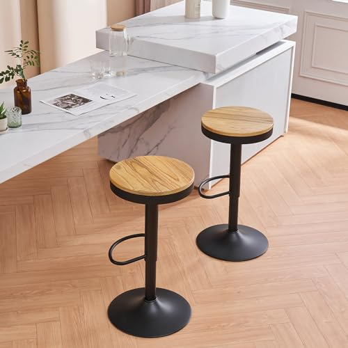 YOUNIKE Taburete de Bar Juego de 2 Taburetes de Bar de Madera Silla de Bar Alta Estructura Metálica Giratoria 360° con Reposapiés Industrial Negro