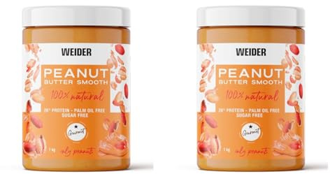 Weider - Peanut Butter Smooth 100% natural, no added sugars, suitable for vegans, without palm oil, 1 kg [packaging may vary] (Pack of 2)