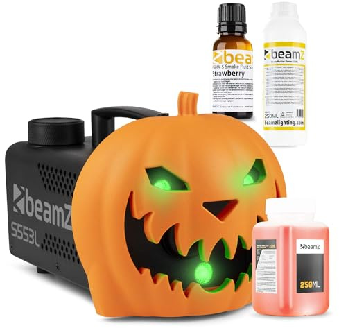 BeamZ S553L Nebelmaschine Halloween Deko mit LED Kürbis Kopf, 550 Watt Rauchmaschine mit Erdbeer Fluid und Reinigungsflüssigkeit, 2-in-1 mit Halloween Kürbis Deko 16 Farben, Soundeffekt