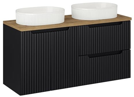 Lomadox Badezimmer Doppelwaschtisch 120cm, schwarz mit Eiche, gerillte Front, wandhängend, Keramikwaschbecken