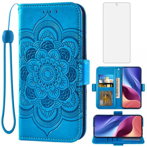 Asuwish Funda para Xiaomi Poco F3/Mi 11i 5G con Cristal Templado Protector Pantalla Vidrio Pelicula Protectora Libro Cuero Piel Tarjetero Mi11i/11X Pro/Redmi K40 Plus Tapa Carcasa Movil Capa Case Azul