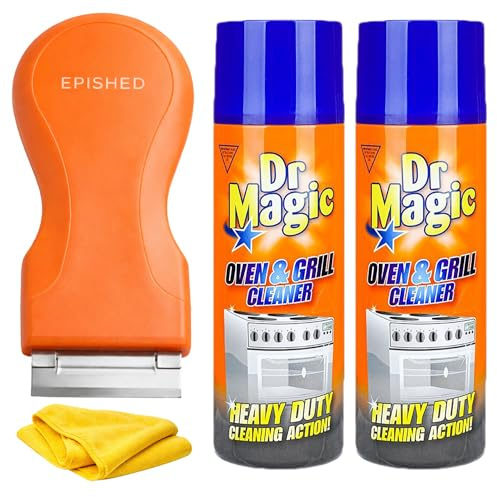 Oven & Grill Cleaner Foam Spray 2 Pack with Scraper Tool & Washable 400gsm Microfiber Cloth – Heavy Duty Degreaser, Non-Scratch, Removes Baked-On Food & Grease from Ovens, Grills, BBQs & Stovetops