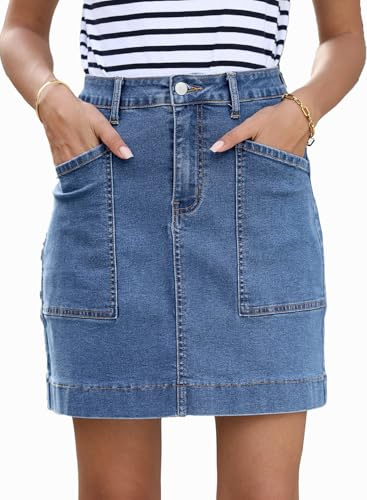 Sidefeel Women's Jean Skirt High Waisted Stretch Casual Summer Denim Skirt Iceland Blue Large