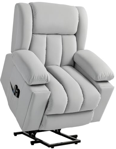 HOMCOM Fernsehsessel mit Aufstehhilfe Elektrisch Liegefunktion Hellgrau | Relaxsessel, Wärme- & Massagefunktion, Massagesessel, Fernbedienung, Becherhalter, Seitentasche, USB, Taschenfederkern, Samt