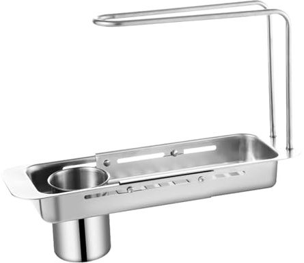 Cesto di scarico sottile espandibile – mensola di asciugatura sottile espandibile | Asta di asciugatura per lavello con porta utensili per casa, bagno, ristorante, hotel