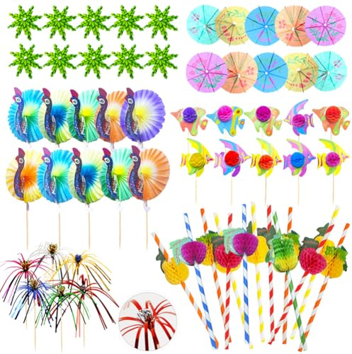 Cocktail-Zubehör für Getränke, 80 Stück, Cocktail-Party-Dekorationen mit Cocktail-Schirmen, Cocktail-Strohhalme, Wunderkerzen für Partydekoration, Kuchendekoration, Bar, Geburtstag, Picknicks, Strand